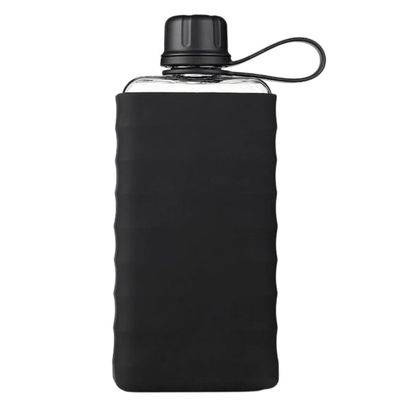 Flat Slim Pocket Water Bottle With Wave Textured Silicone Sleeve Carry Handle Lid Portable Travel Reusable Drinking Bottle