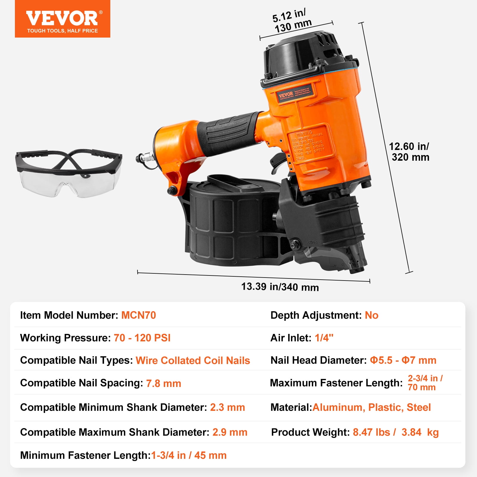 VEVOR Coil Siding Nailer MCN70, 1-3/4" to 2-3/4" 15 Degree Pneumatic Siding Nail Gun, 70-120PSI Air Coil Nailer for Pallet, Crating, Framing, Siding and Fencing