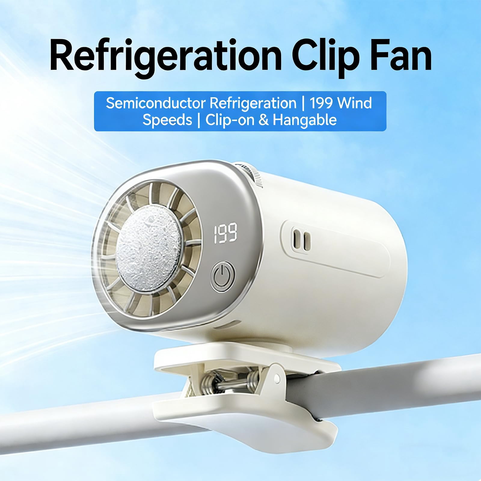 360° Rotating Semi-Cooling Clip Fan – Car Clip on Air Conditioner Fan with LED Display, 199 Speeds, USB Rechargeable, Low Noise, for Vehicle, Office & Travel