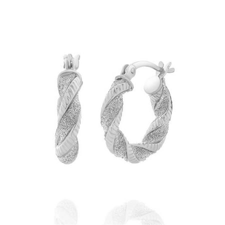 15 Mm Gemstone - Chic Jewels EA4025 Sterling Silver Italian Design 15 mm Glitter & Patterned Swirl Silver Hoop Earrings for Woman - Set of 2