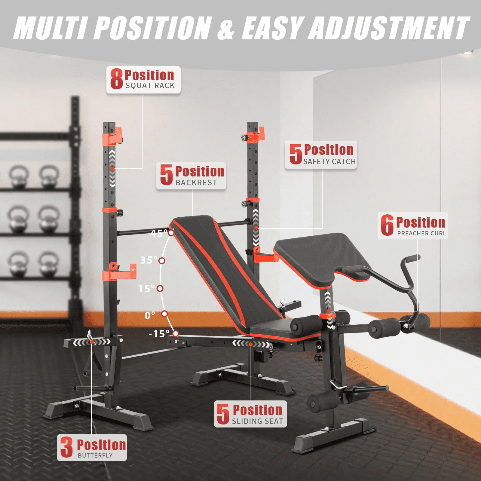 PUATUL 1500LB Olympic Weight Bench  with  (Leg Extension/Curl/Preacher Curl/Squat Rack)6-in-1 adjustable Workout Bench for Home Gym，foldable bench press set