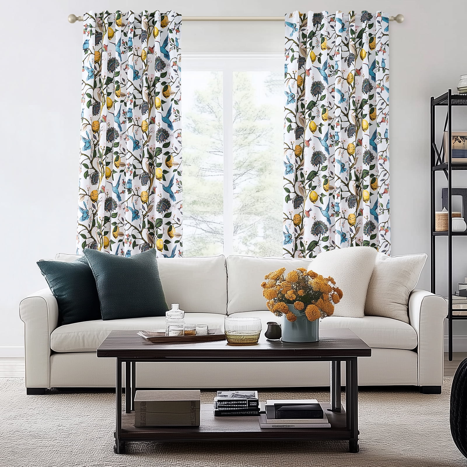 Topfinel Fancy Hummingbird Patterned Curtain,White Curtains for Living Room, Thermal Insulated Blackout Curtains for Bedroom, Floral Vintage Lemon Curtains 84 inch Length 2 Panels Set