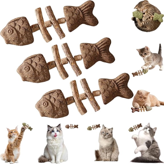 Natural Fishbone Cat Chew Toy with Catnip & Silvervine – Dental Cat Toy for Teeth Cleaning, 100% Natural Plant-Based Chew Sticks, Tartar Control, Cat Dental Health (3 Pack)