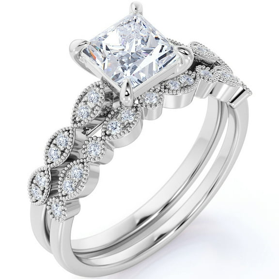 JeenMata Antique 1.75 carat princess cut Moissanite Wedding Ring Set in 18k White Gold Over Silver
