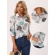 thumbnail image 2 of Tops transparentes con estampado de hojas ligeras y mangas 3/4 con cuello de punto para mujer Verde XL, 2 of 6