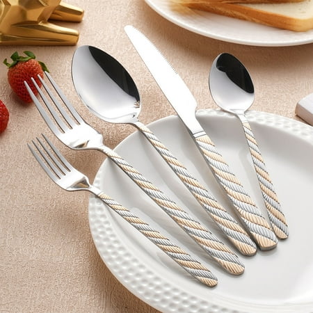 

Jioakfa Kitchen Utensils Stainless Steel Twists Handle Cutlery Western Steak Knife Fork And Spoon Set Of 5Pc For Kitchen Utensils Gold