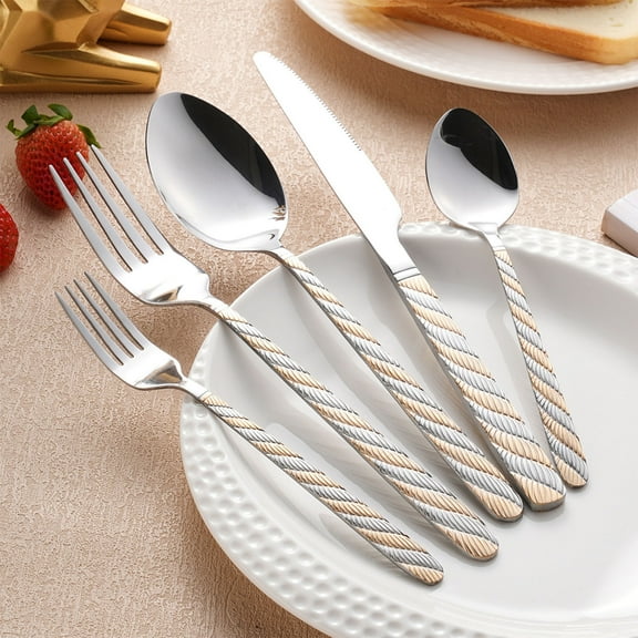 Stainless Steel Twisted Handle Cutlery Set Gold Silver | Western Steak Knife Fork Spoon 5-Piece | Embossed Floral Design | Durable, Portable, Easy Clean | 22.5cm Utensils for Travel, Picnic, Home