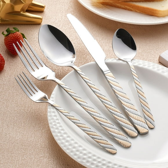 Juego de cubiertos de acero inoxidable | Asas florales en relieve de cuerda retorcida | Cuchillo de bistec occidental Tenedor Cuchara Utensilio de viaje | Cubiertos portátiles reutilizables | 5