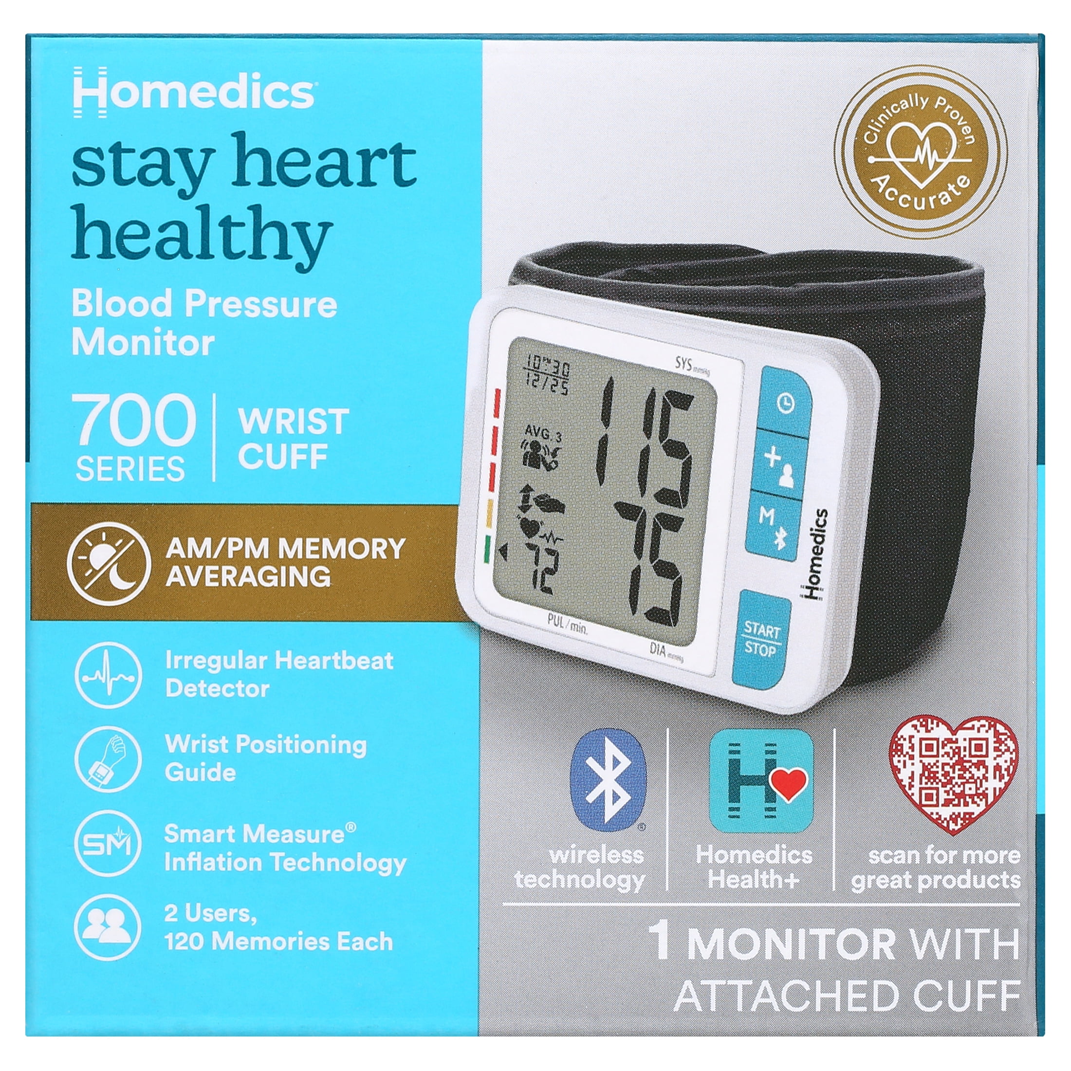 Homedics® Wrist Cuff 700 Series Blood Pressure Monitor, One-Touch Operation, Accurate Results with Bluetooth® Wireless Technology