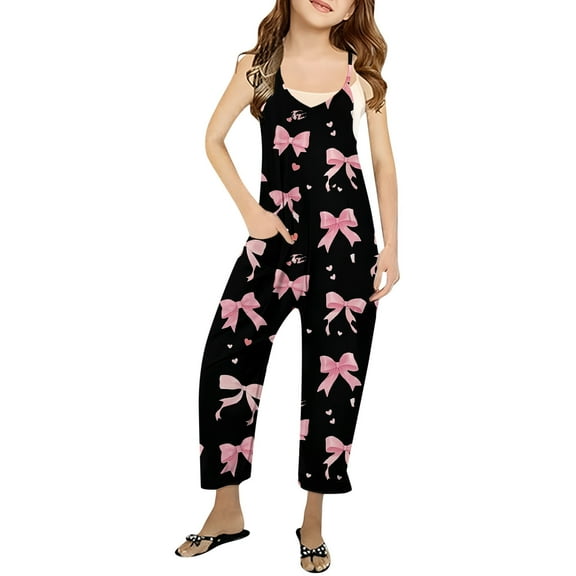 Fainosmny Girls' Printed Casual V Suspender Romper Solid Color Loose Casual Romper With Pocket Spring And Summer Clothing Girls Pants Black 150/(11-12 Years)