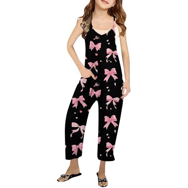 Girls Jumpsuit Bow Print Rompers for Girls Casual V Neck Strap Rompers with Pockets Summer Outfits for Girls 8-10 Y