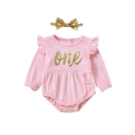 

AmShibel Valentine s Day Baby Girls Romper Letter Printed Ruffled Long Sleeves Jumpsuits and Headband Outfit