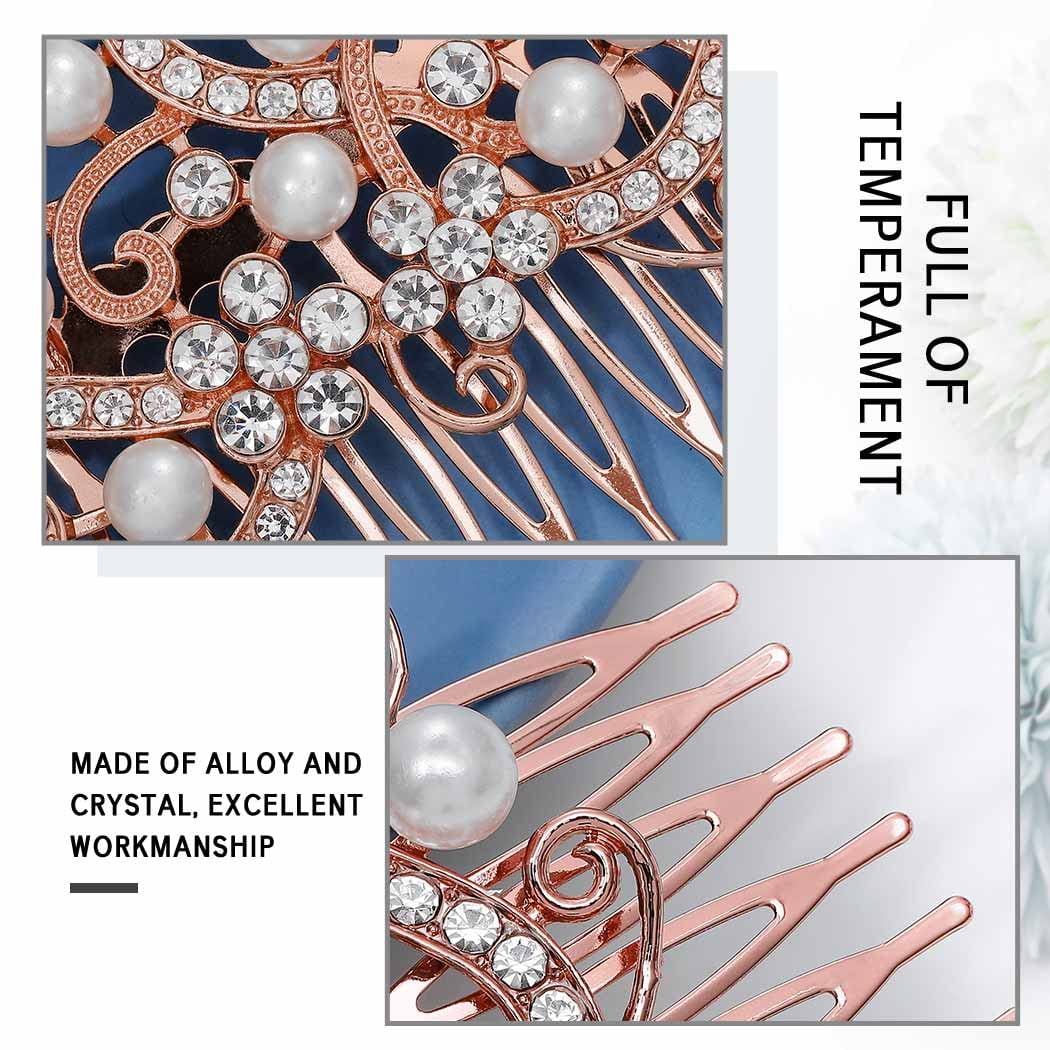 Bride Wedding Hair Comb Rhinestones Bridal Hair Accessories Pearl Hair Piece Decorative Hair Clip for Women and Girls(Rose Gold)