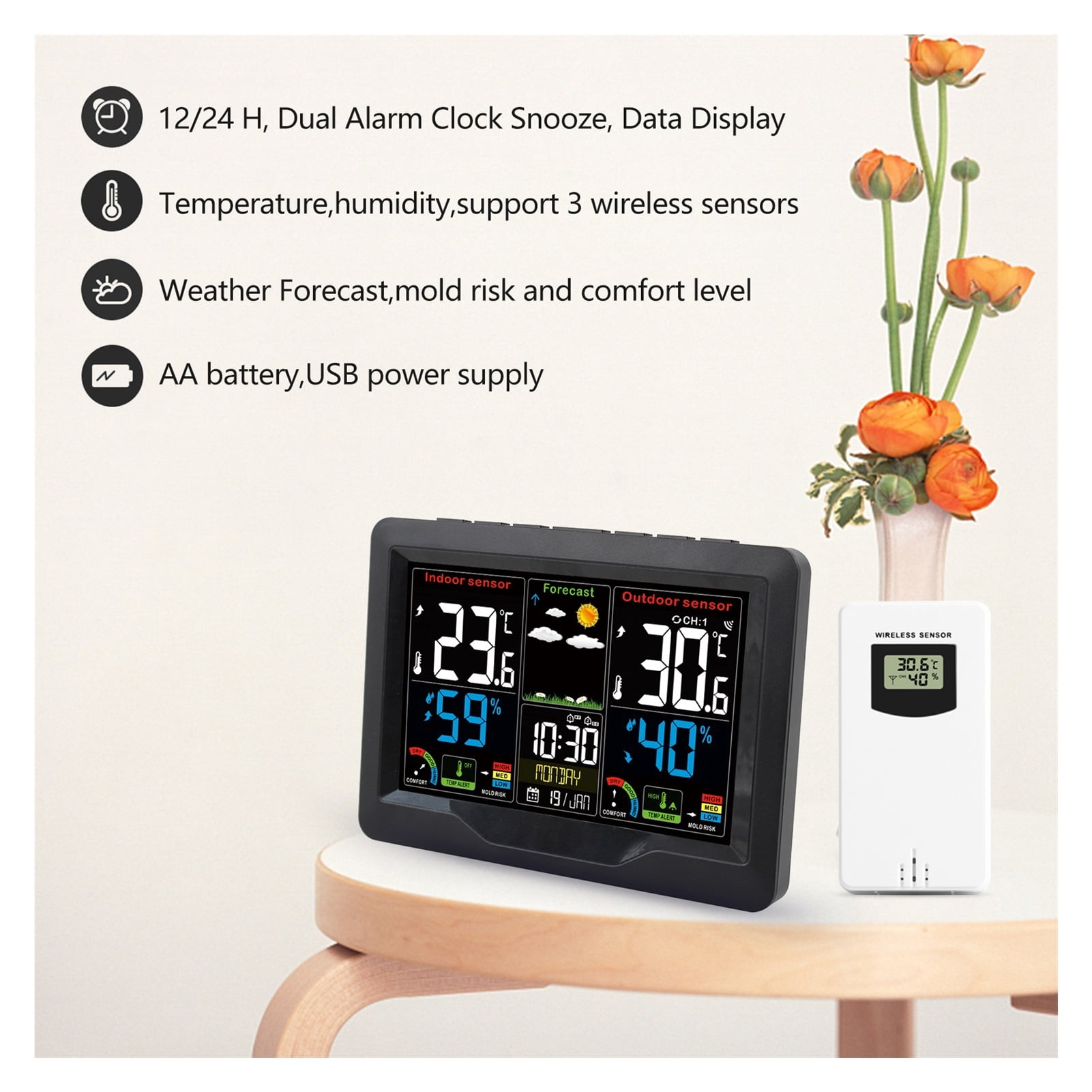 Weather Forecast Station Clock  Indoor Outdoor Color Screen Clock with  Transmitter Digital Temperature and Humidity