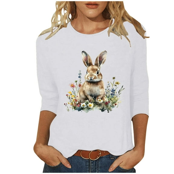 Hueook Women's Tops Ladies' Easter Print Round Neck Three Quarter Sleeve 3/4 Sleeve T-shirt Loose White 2X