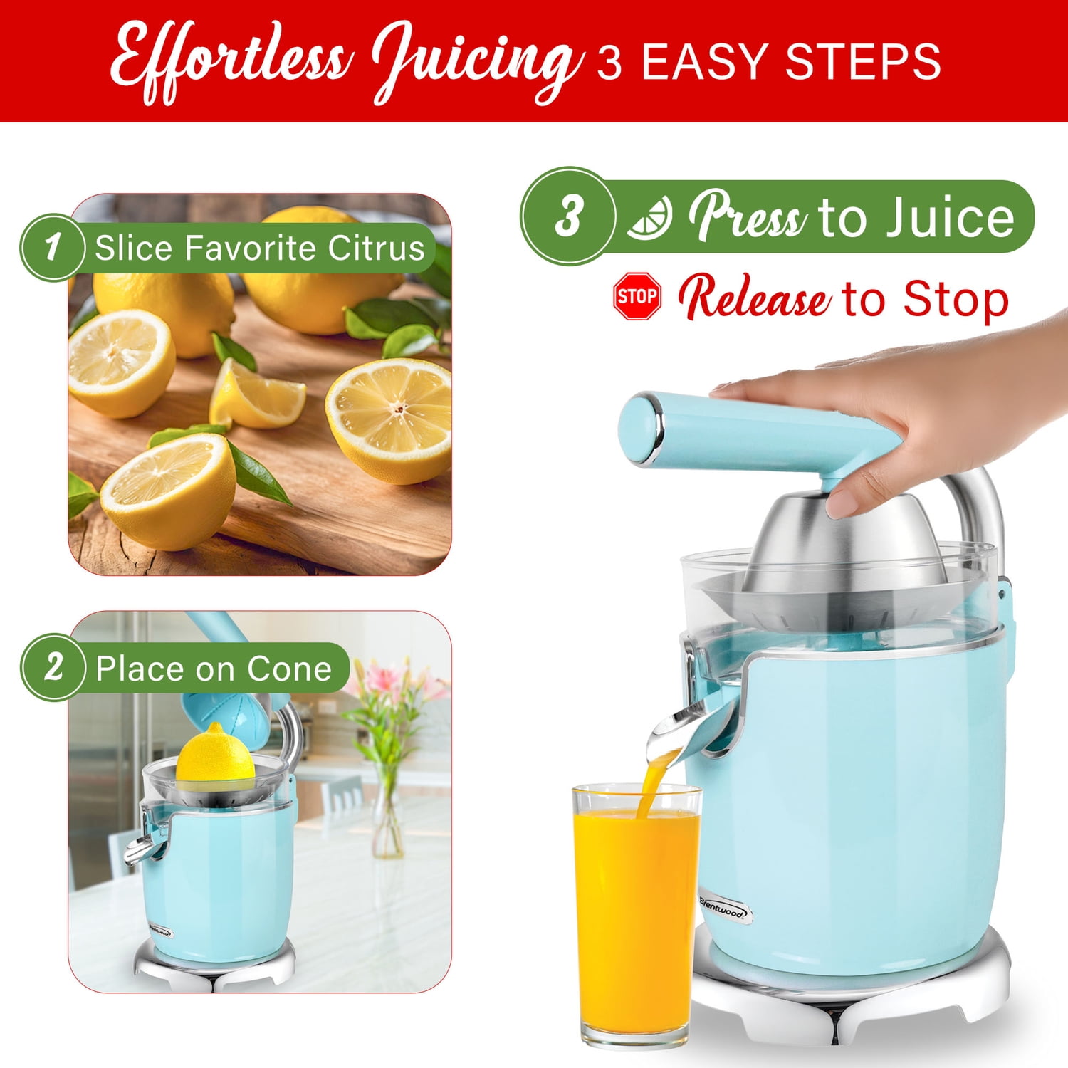 Brentwood 200-Watt 1-Speed Electric Citrus Juicer with 2 Cones and Stainless Steel Lever (Blue), J-28BL