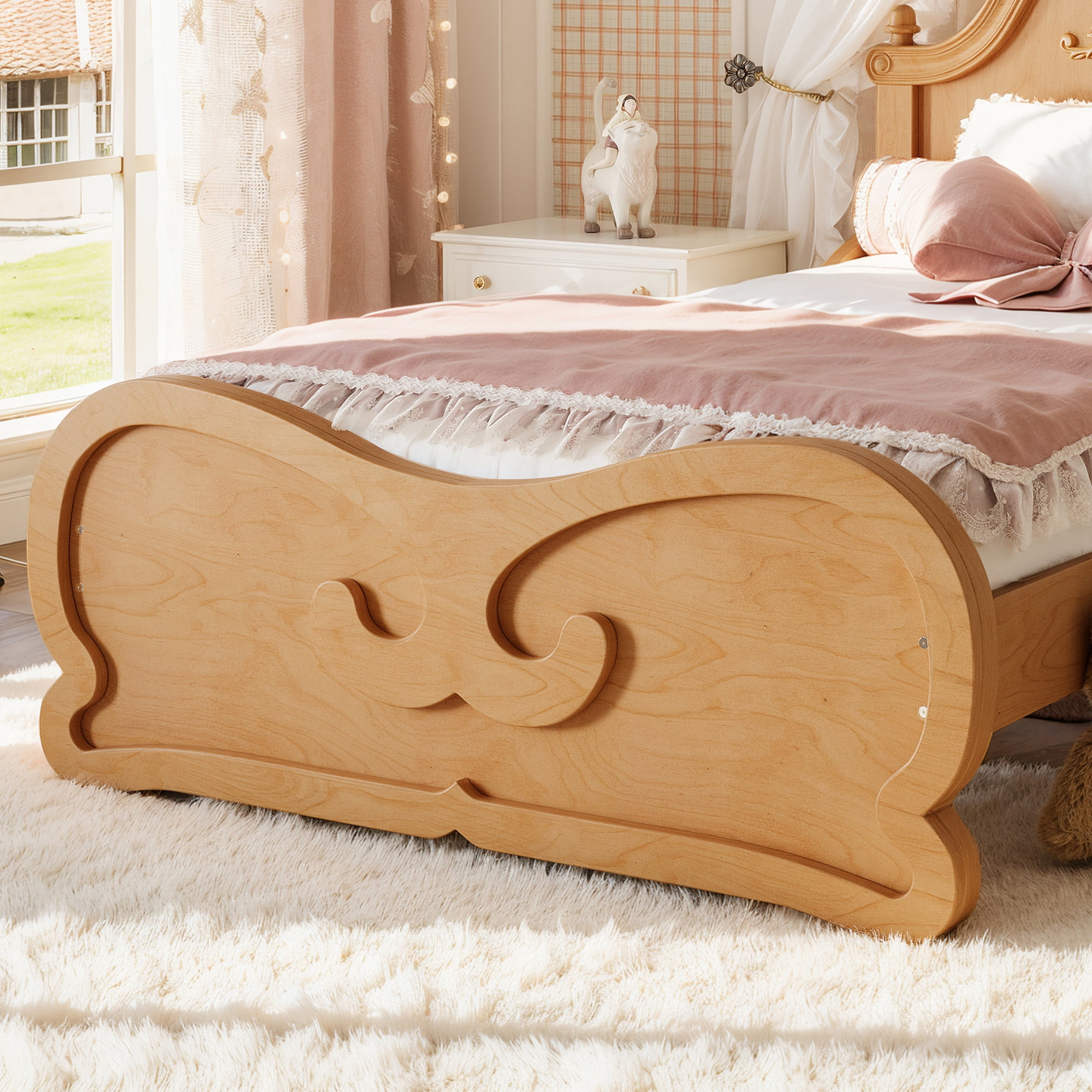 GARITIN Twin Vintage Carved Platform Bed with Headboard, Solid Wood Bed Frame with Slatted Support, Low Profile Platform Bed, No Box Spring Needed, Natural