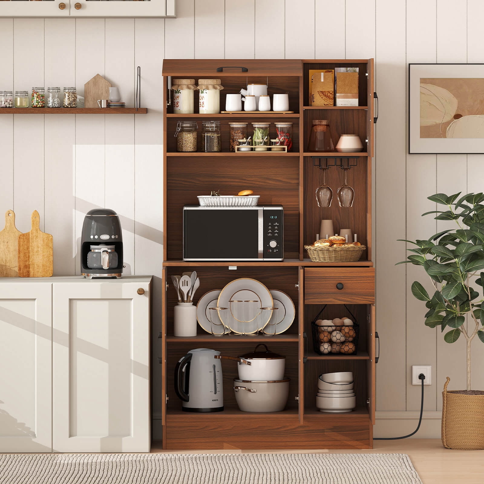 Costway 66" Pantry Cabinet Tall Kitchen Storage Cabinet with Charging Station Brown