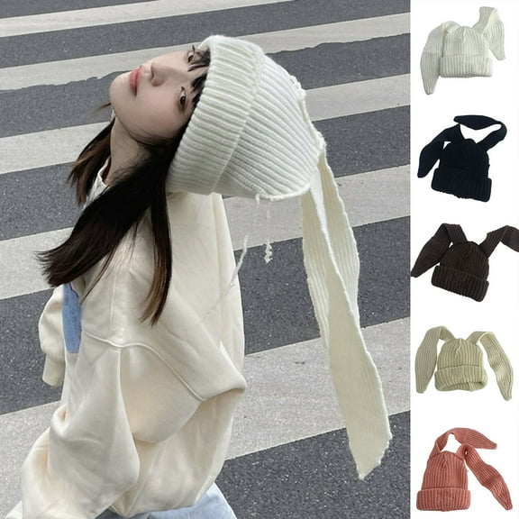 D-GROEE Long Rabbit Ears Beanie Hats Thickened Knitted Bunny Ears Cap Cute Plush Winter Hat for Women Girls