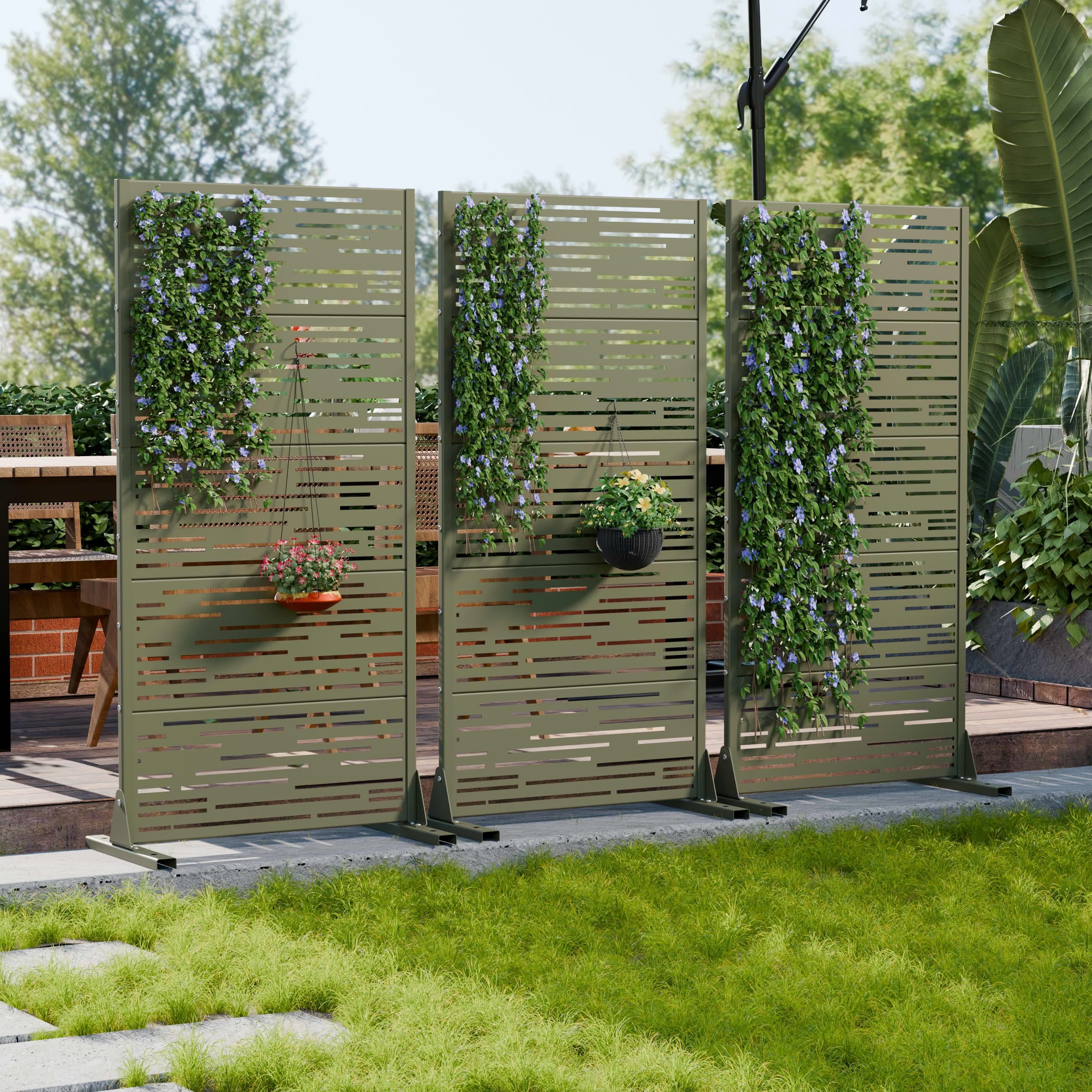 MAYEERTY Outdoor Metal Privacy Screen 5ft Olive Gray, 5-Panel Light & Shadow Pattern, Rust-Resistant for Garden