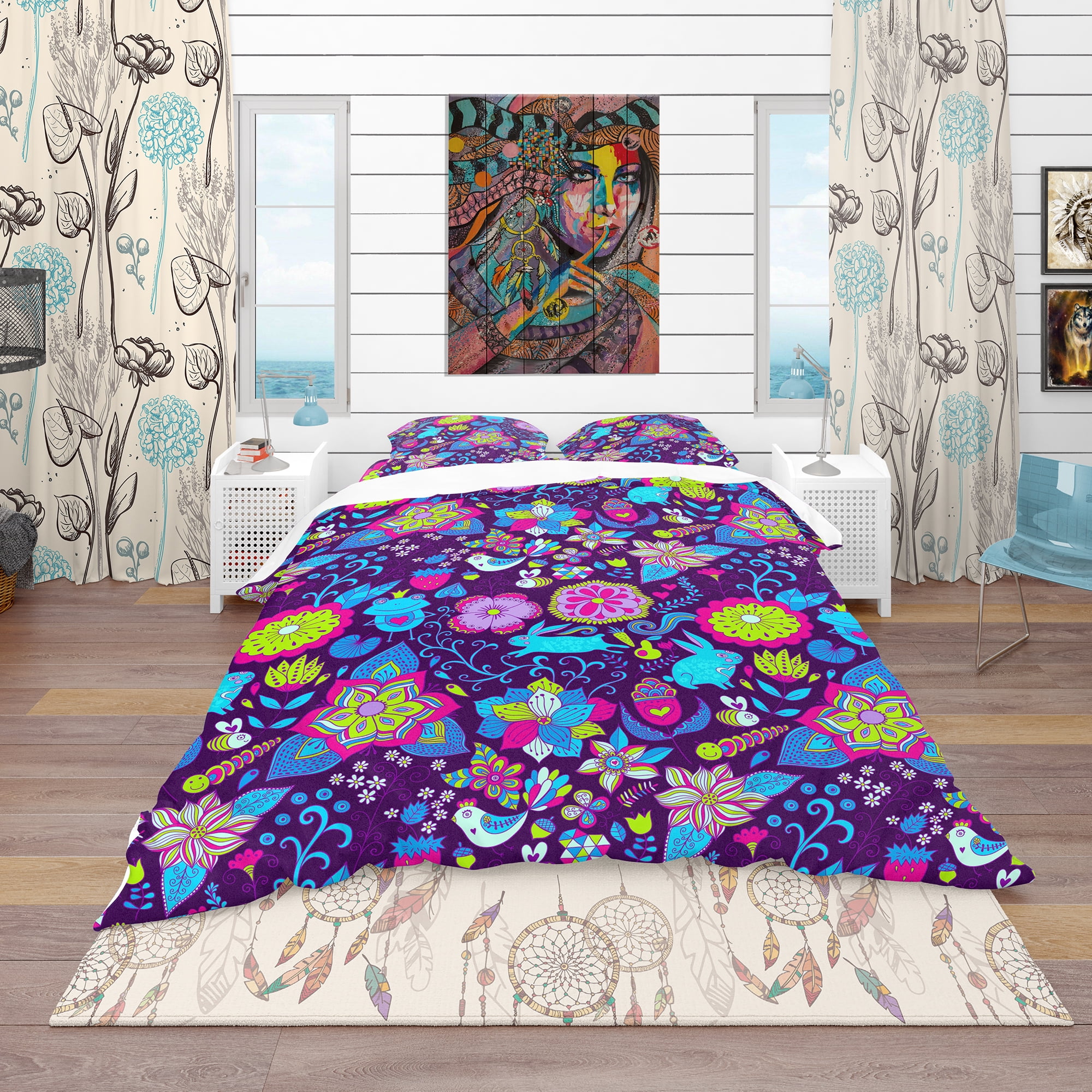 Designart 'Romantic Doodle Floral Texture' Bohemian & Eclectic Duvet Cover Set