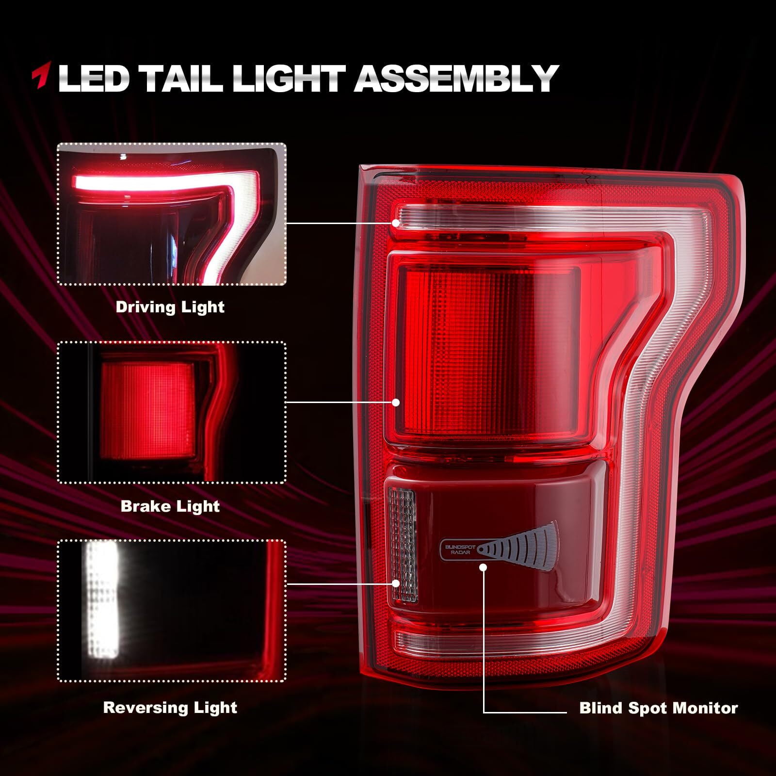 Ford F150 LED Tail Light Assembly with Blind Spot Alert Monitor Compatible with 2015-2017 Ford F-150 Raptor Lariat (Rear Right Passenger Side)