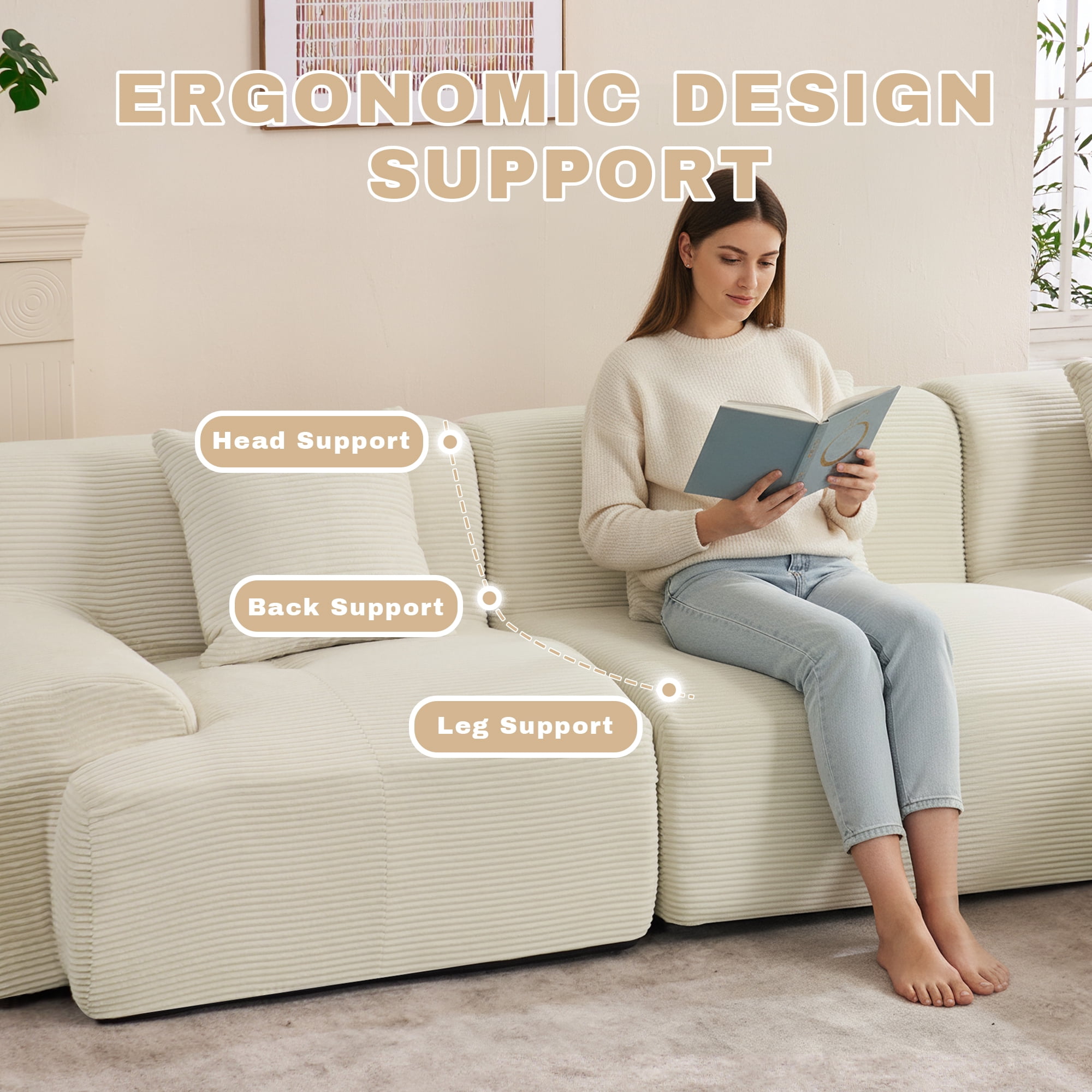 GAOHAPY 107"Modern L Shaped Modular Sectional Sofa, Oversized Corduroy Couch Deep Seat, Boneless Cloud Couch with Ottoman, 30D Sponge for Indoor Living Room, No Assembly Required(Beige)