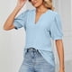 thumbnail image 3 of Camiseta de manga corta con cuello en V para mujer, blusa informal de color puro, color azul claro XL, 3 of 5