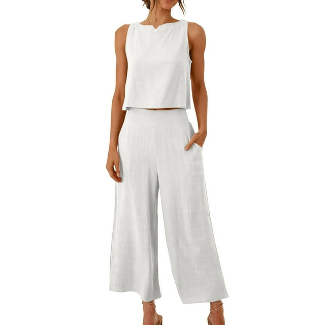 Mgmyaa Womens Summer 2 Piece Outfits Linen Crop Tank Tops Lounge Matching Sets & Long Track Pants Tracksuits