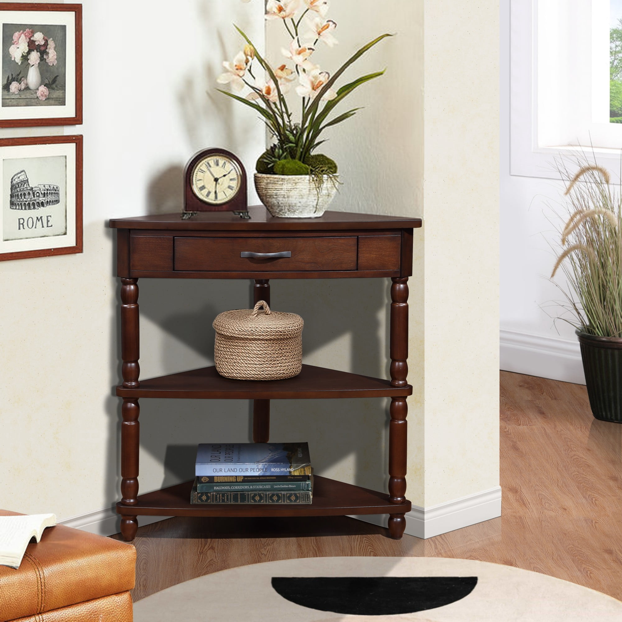 Aukfa 3 Tier Corner Table with Drawer, Triangle End Table for Entryways, Hallways, and Small Spaces, Dark Brown