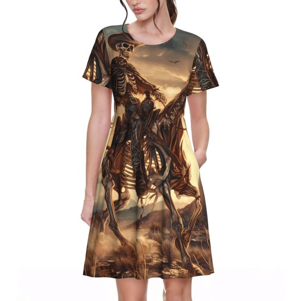Disketp Western Skeleton Cowboy Horse para Vestido de Manga Corta para Mujeres, Vestidos de Verano para Mujeres, Casual y Holgado para la Playa
