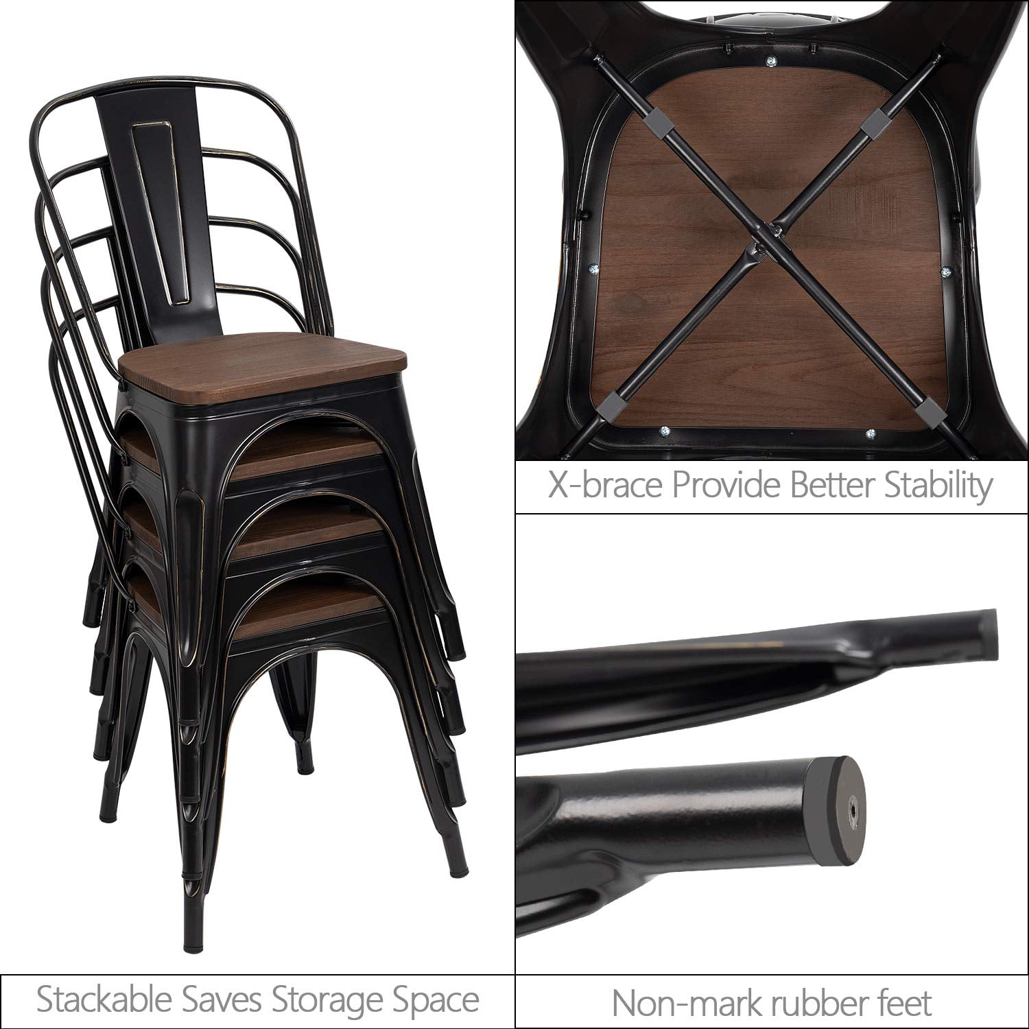 Lacoo Indoor-Outdoor Use Stackable Chic Dining Bistro Cafe Metal Chair, Set of 4, Black Gold