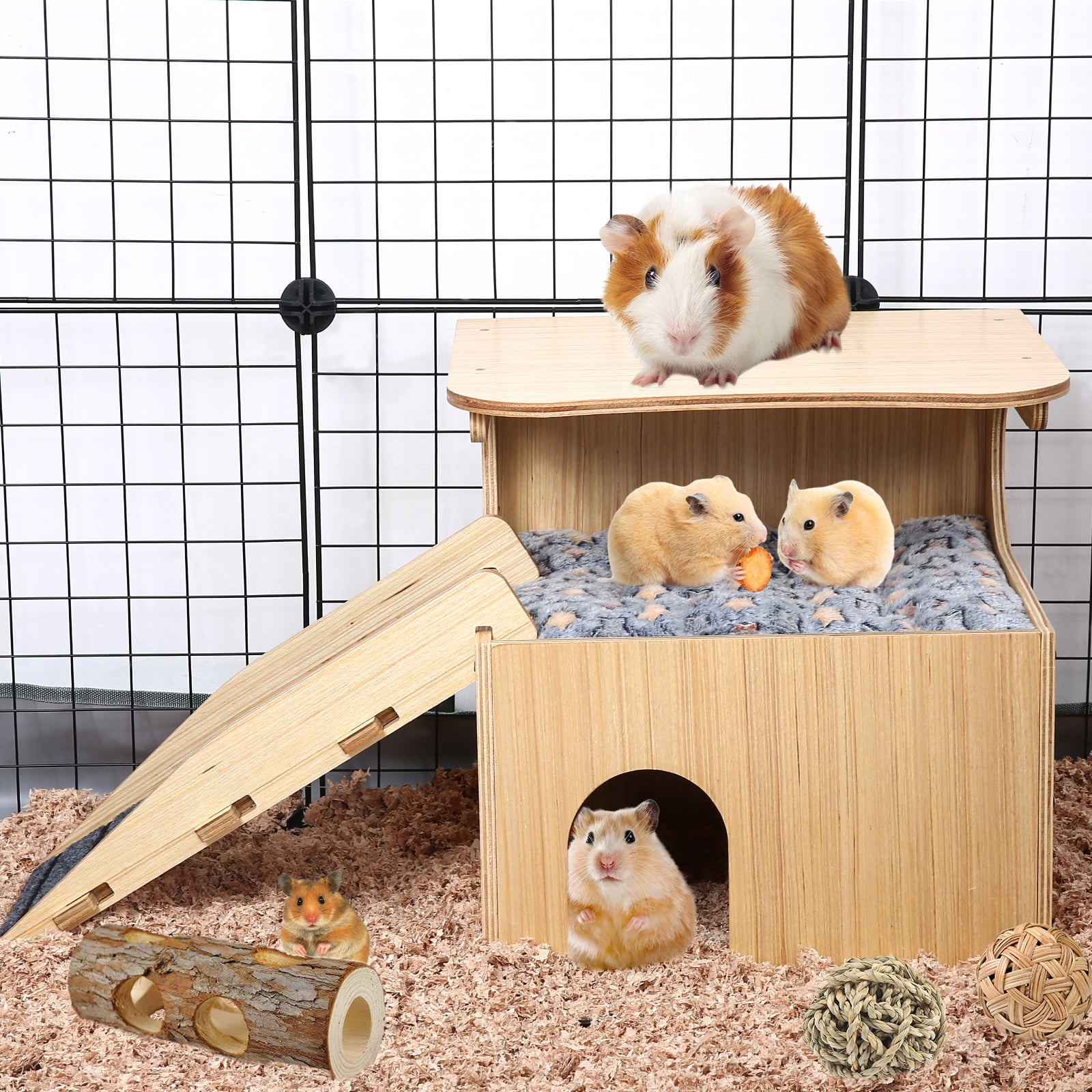 Thickened Wooden Enlarged Guinea Pig Castle Hideout, Durable Hamster House with Stairs & Mat, Bed for Small Pet Piggies Chinchilla Rat Hamster Bunny