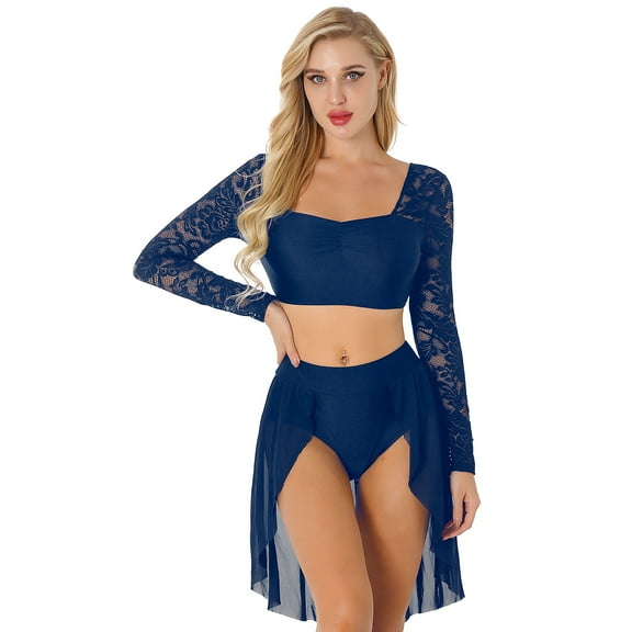 Alvivi Women Contemporary Lyrical Dance Dress Floral Lace Long Sleeve Crop Top and High Low Skirts Dark_Blue S