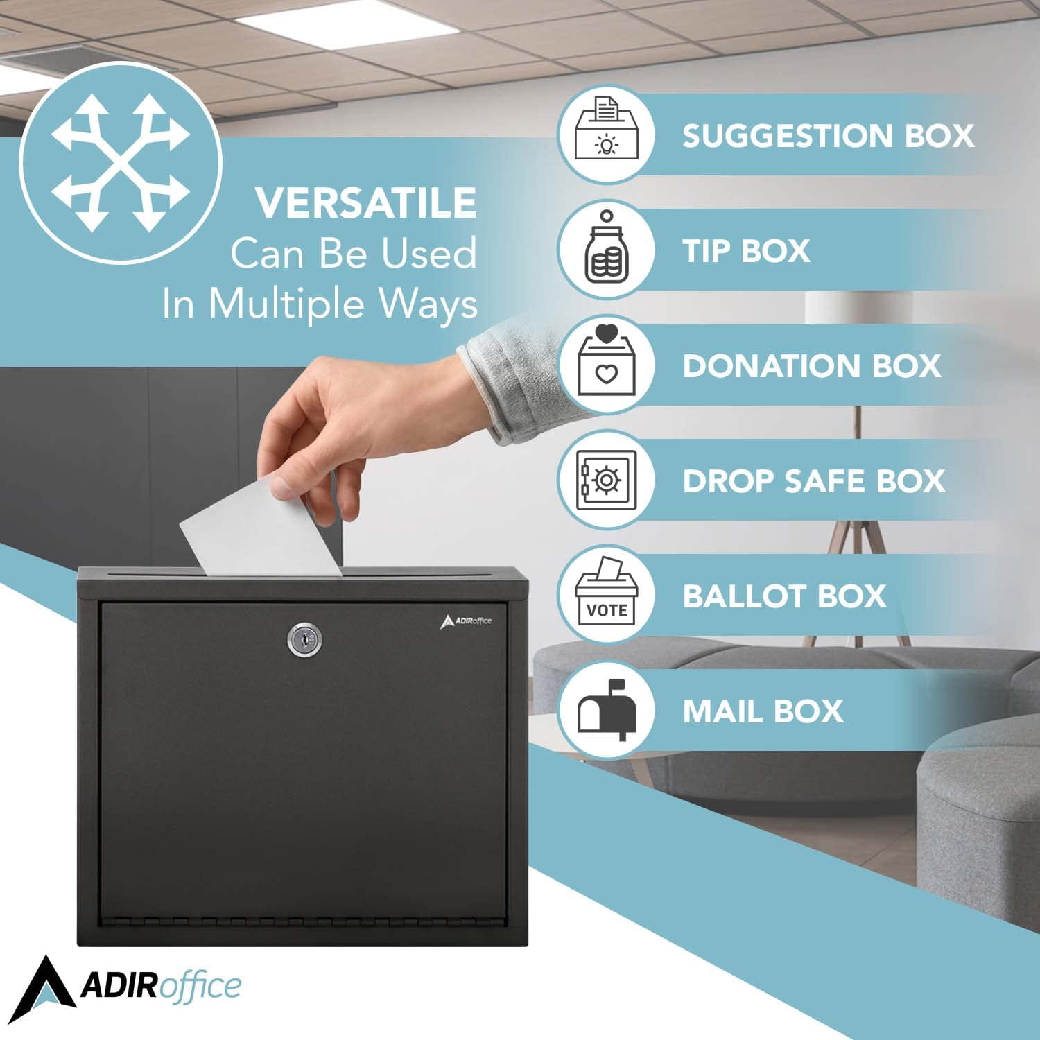 Adir Metal Suggestion Box with Lock and Slot, Wall Mount Deposit Box for Payments and Checks, Mailbox for house, Safe Drop Box with Keys - 3x10x12 Inch Black