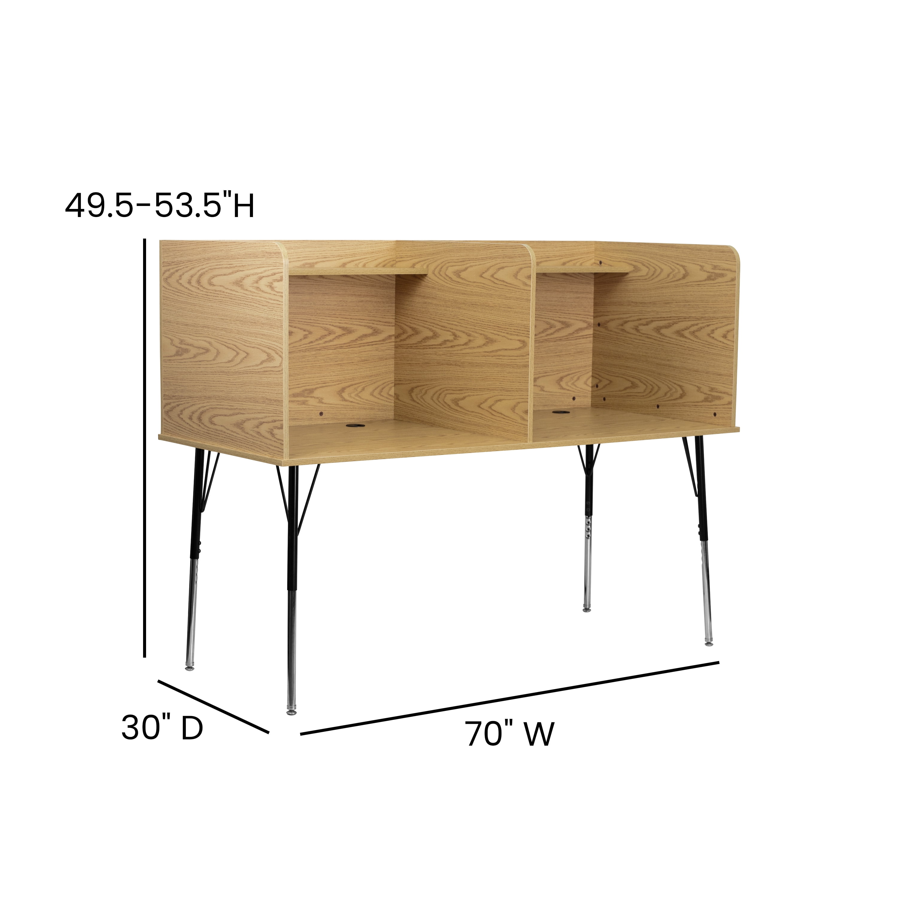 Flash Furniture Michael Stand-Alone Double Study Carrel with Top Shelf - Height Adjustable Legs and Wire Management Grommet - Oak Finish