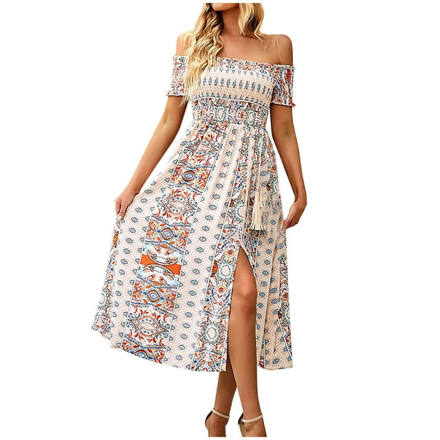Summer Floral Dress for Women Womens Fashion Casual Spring and Summer Sleeveless Off-The-Shoulder Dress Floral Printing Dress Floral Summer Dress for Women