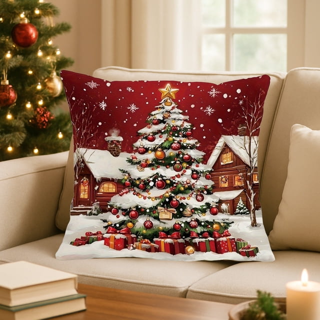 Fundas de almohada navideñas de 45x45 cm (17,7x17,7 pulgadas), fundas decorativas con tela suave y cremallera oculta para decoración del hogar. Funda de almohada de algodón.