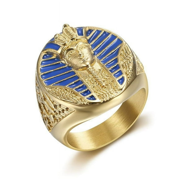 Hip Hop Bling 14K Yellow Gold Egyptian Pharaoh Ring for Men Rapper Jewelry