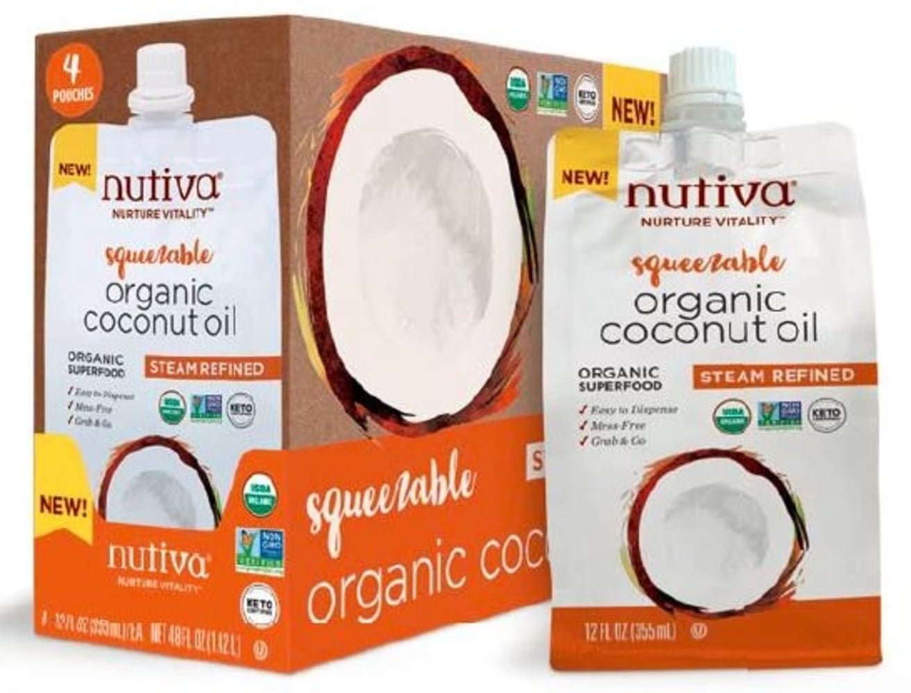 Nutiva Squeezable USDA Organic Refined Coconut Oil, 12 oz. Pouch (Pack