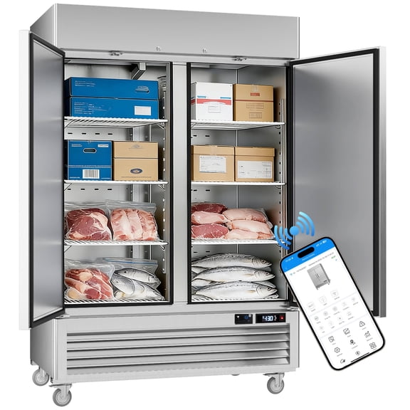 VEECOOL Commercial Freezer Upright WiFi Enabled, 54.4" Solid Door Reach-In Freezer with LED Lighting, APP Control Fan Cooling, R290, Stainless Steel, 49 cu.ft. Capacity, ETL&ETL Sanitation