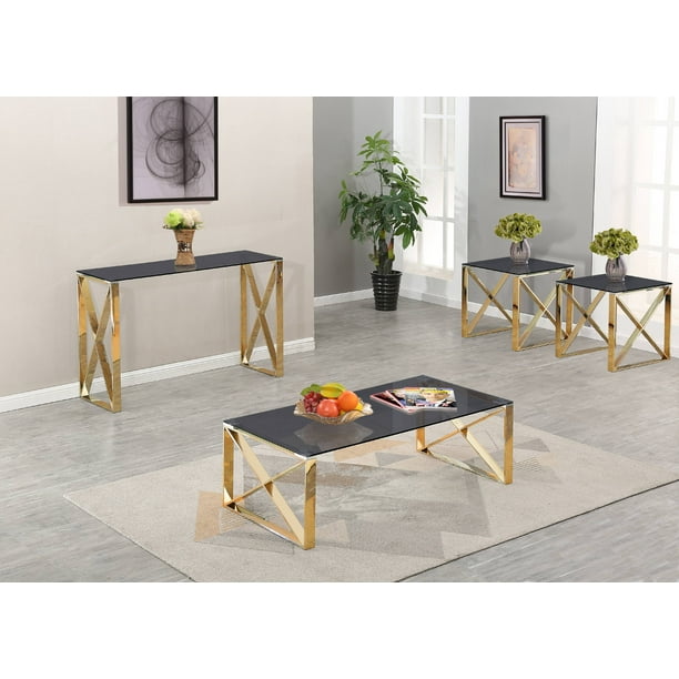 Modern Clear Glass & Gold Stainless Steel Coffee Table Set, (Coffee, 2