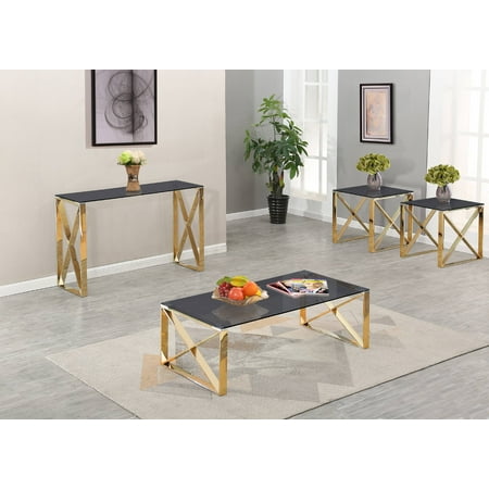 Modern Clear Glass & Gold Stainless Steel Coffee Table Set, (Coffee, 2 End Table & Console