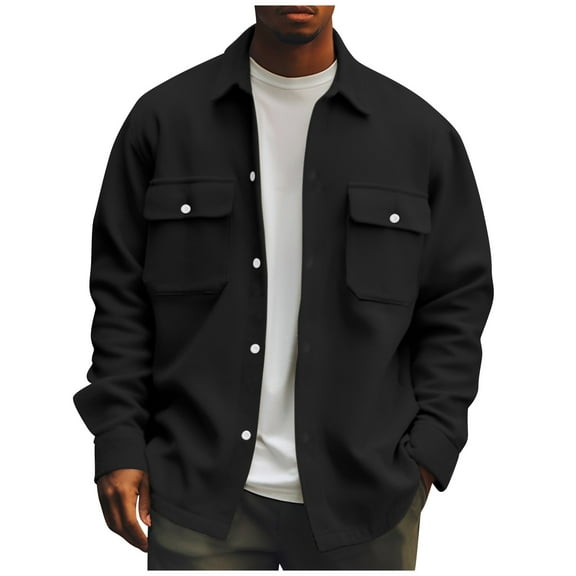 LISTHA Men's Casual Flap Pocket Button Front Long Sleeve Jackets Black 5XL