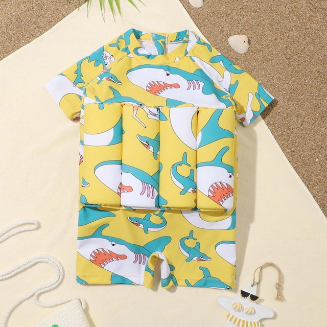 Augper Toddler Baby Girls Boys Float Suit One-piece Swimwear Rashguard Short Sleeve Zip Up Buoyancy Swimsuit