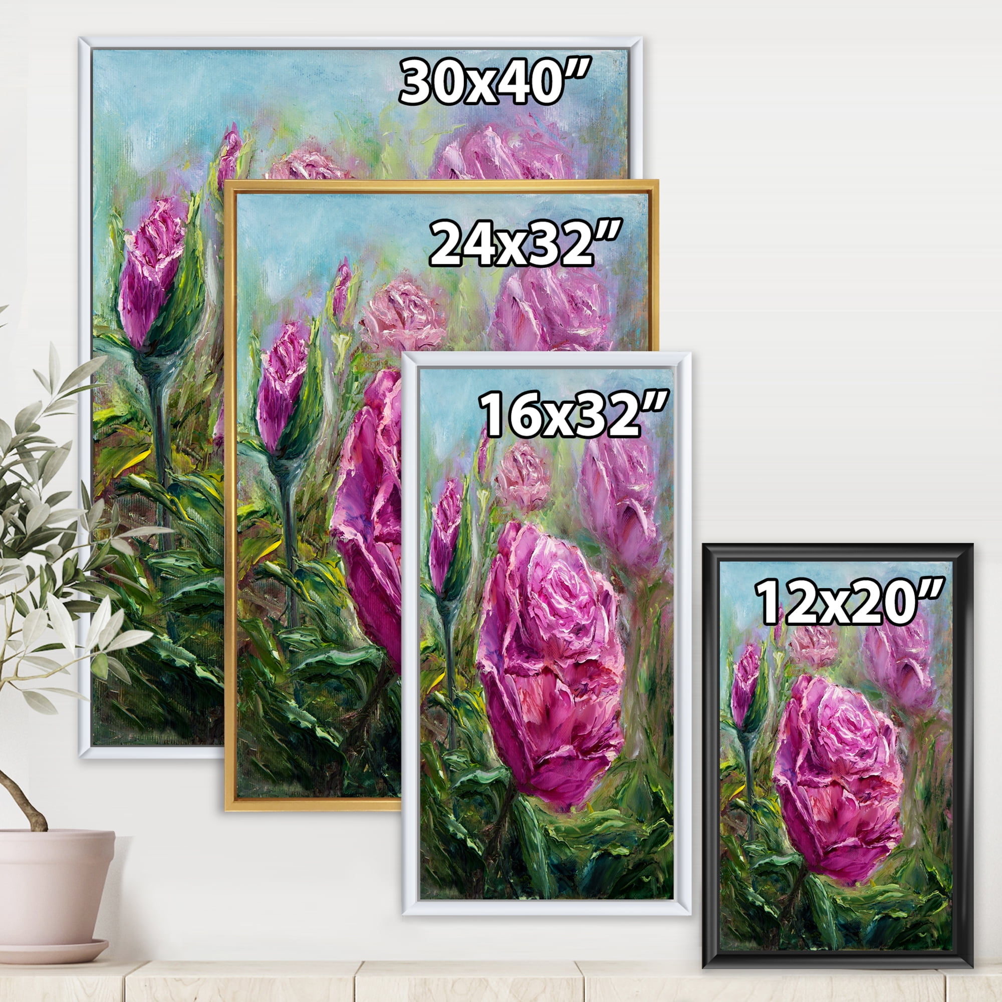 Designart 'Abstract Pink Peonies' Traditional Framed Canvas Wall Art Print