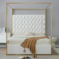 Rollie Canopy Vegan Leather Upholstered Queen Bed Frame In Cream