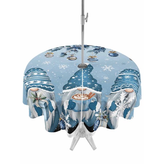 Outdoor Tablecloth with Umbrella Hole and Zipper, Blue Ombre Gnomes Christmas Round Table Cloth 54 Inch Waterproof Tablecloth, Xmas Balls Tree Snowflake Retro Picnic Table Cover for Patio Camping