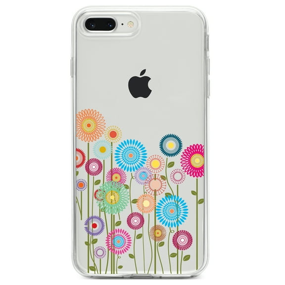 DistinctInk Clear Shockproof Hybrid Case for iPhone 7 PLUS / 8 PLUS (5.5" Screen) TPU Bumper Acrylic Back Tempered Glass Screen Protector - Cartoon Wildflowers Stems Leaves