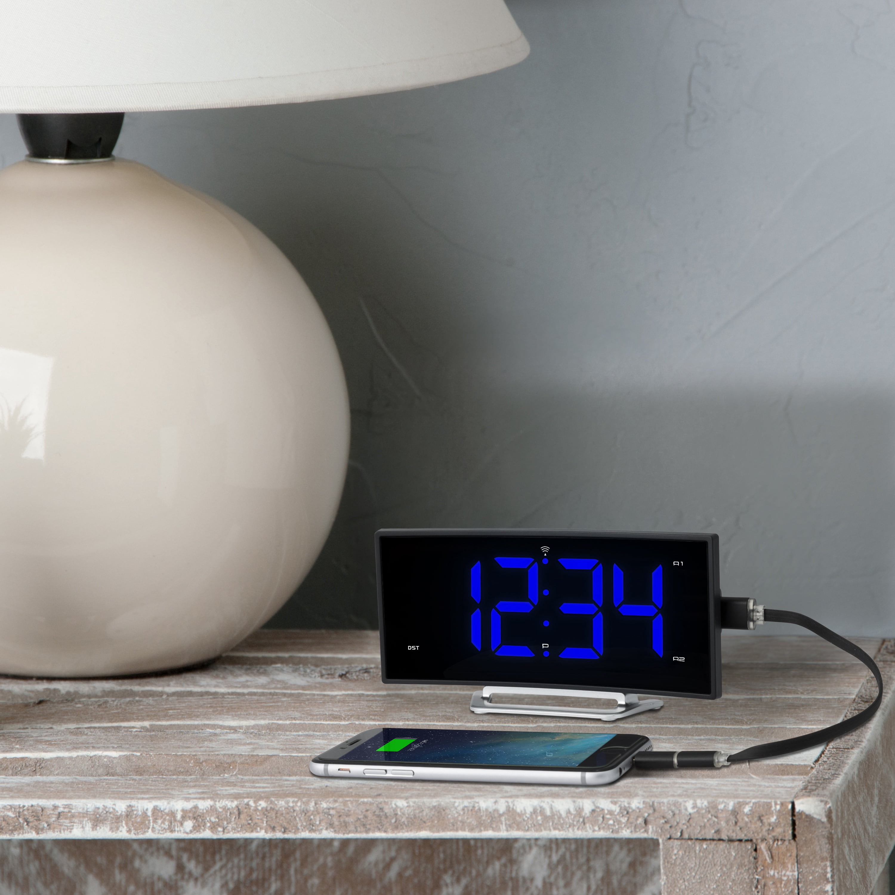 La Crosse Technology 1.8" Curved Blue LED Corded Electric Atomic Dual Alarm Clock, 617-249